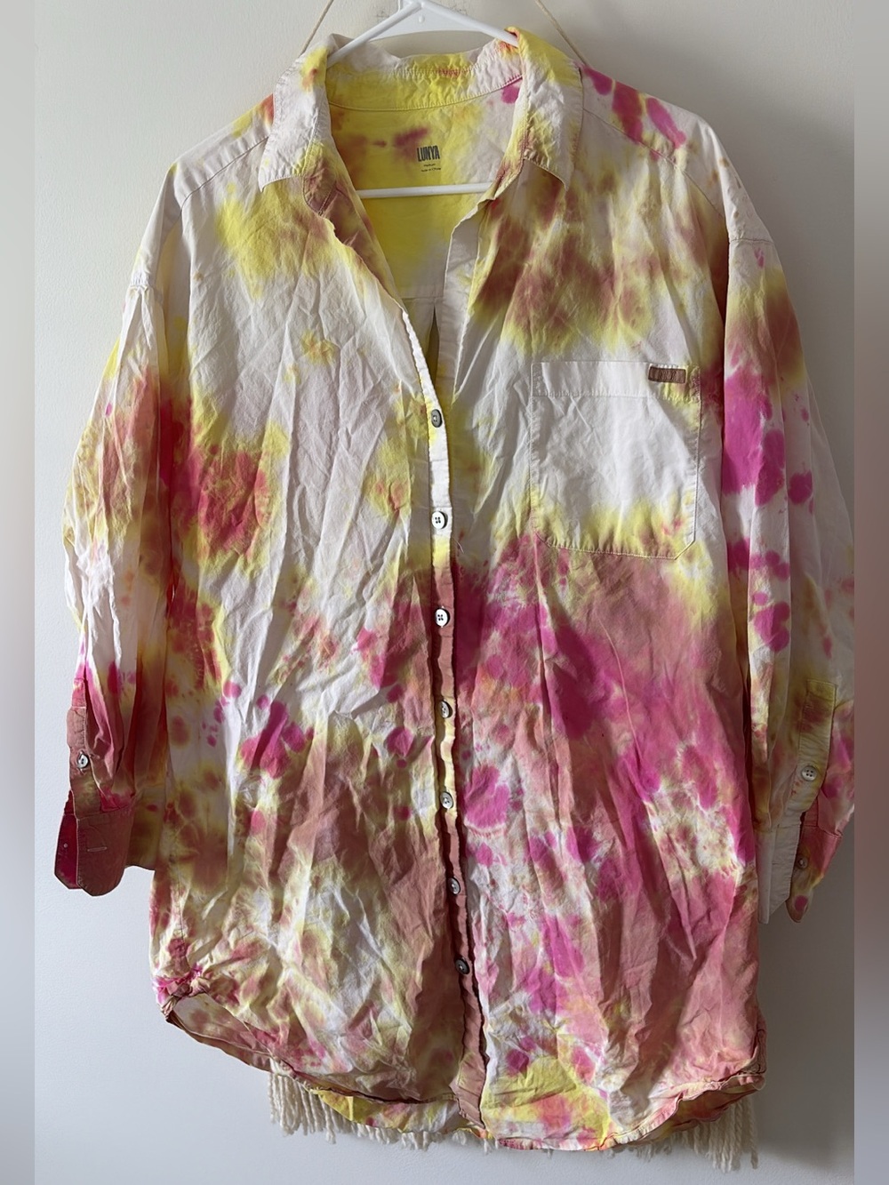 Lunya Airy Cotton Sleep Button Down Shirt Dress Tie Dye Pink Yellow Medium